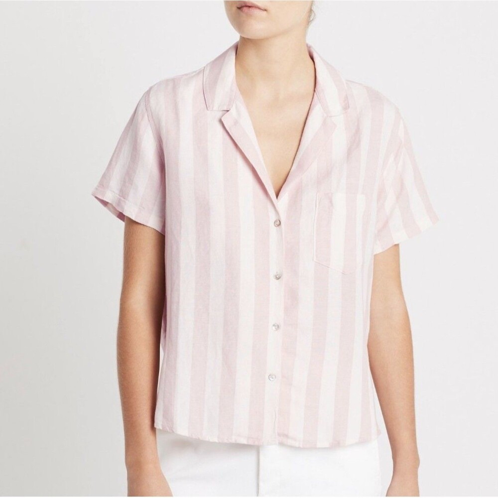 Rails Zuma Short-Sleeve Button Up Collared Shirt Large Petal Stripe Linen Blend